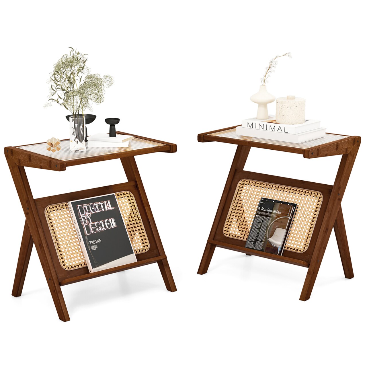 2 Pieces Boho End Table With Magazine Rack Versatile Bamboo Bedside Table W/ Rattan Shelf Walnut